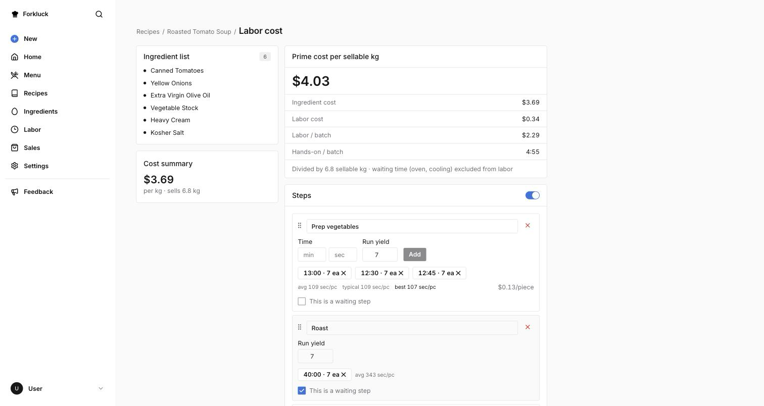 Forkluck labor cost page with timed production steps and prime cost per portion