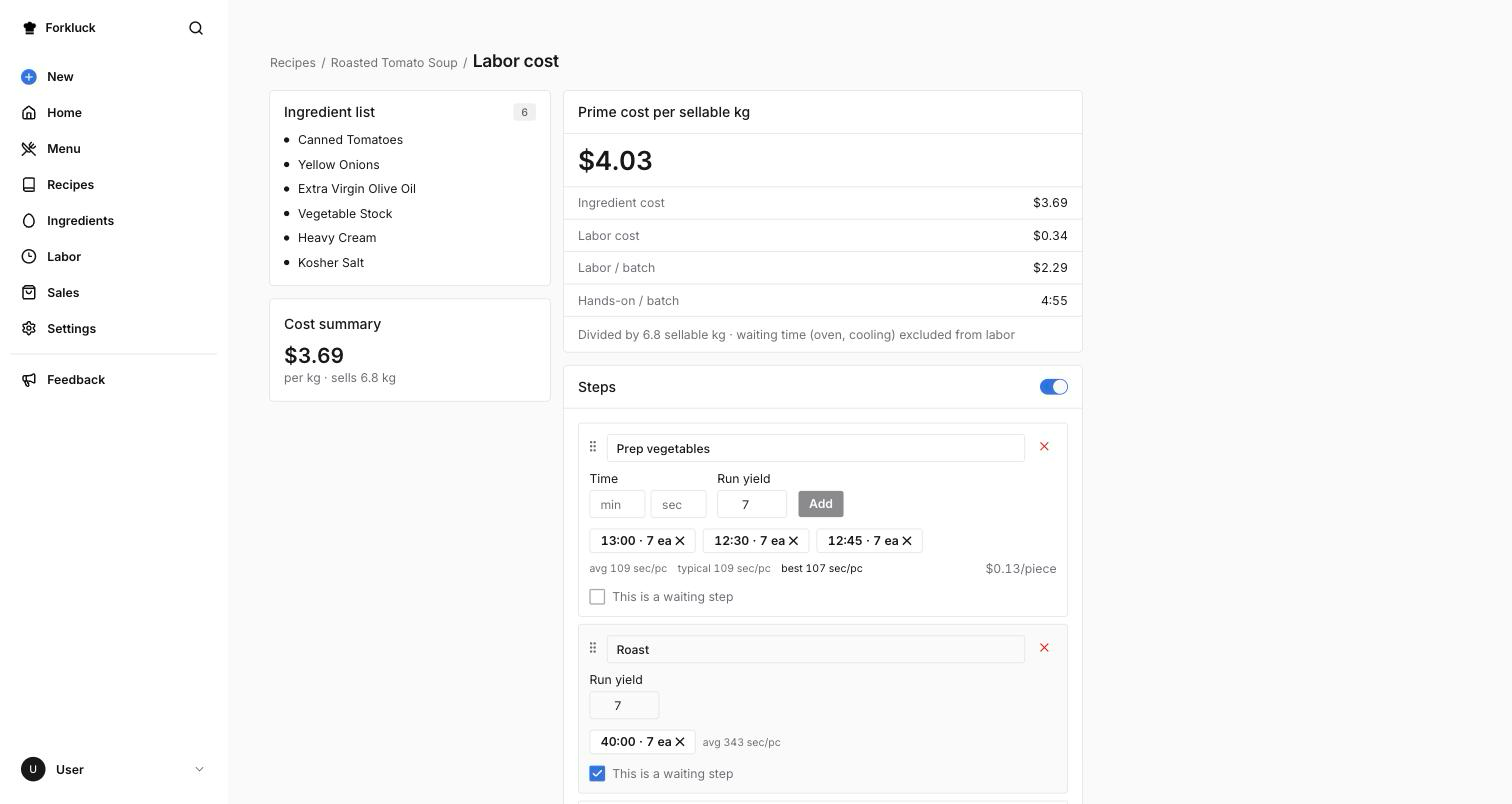 Timed production steps in a Forkluck labor cost page.